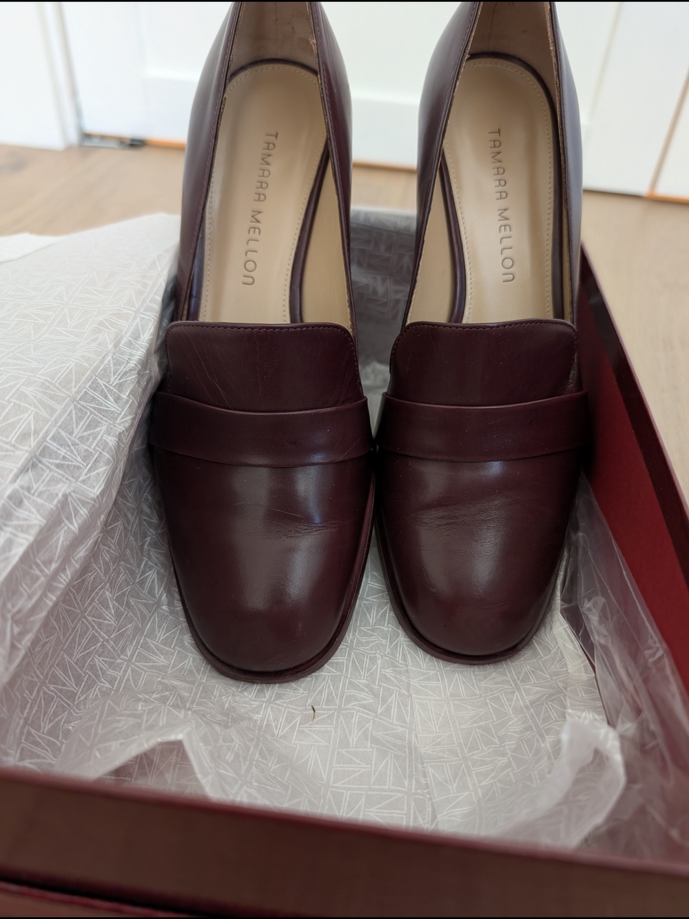 Tamara Mellon Bordeaux Vitello Calf Fellini Loafers